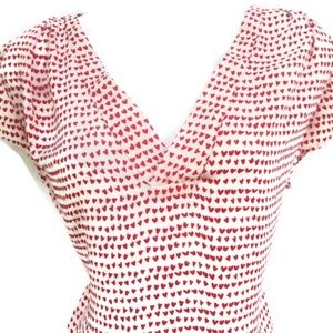 H M Blouse Popover V Neck Top Polka Red Micro Hearts Curved Hem